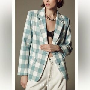 Anthropologie Teal and White Plaid Blazer